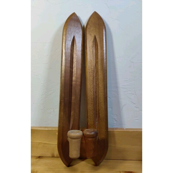 Lot Of 2 Homco Wooden Wall Sconces Taper Candle ~15 x 2" Holder 1970s Brown Oak - Picture 1 of 6